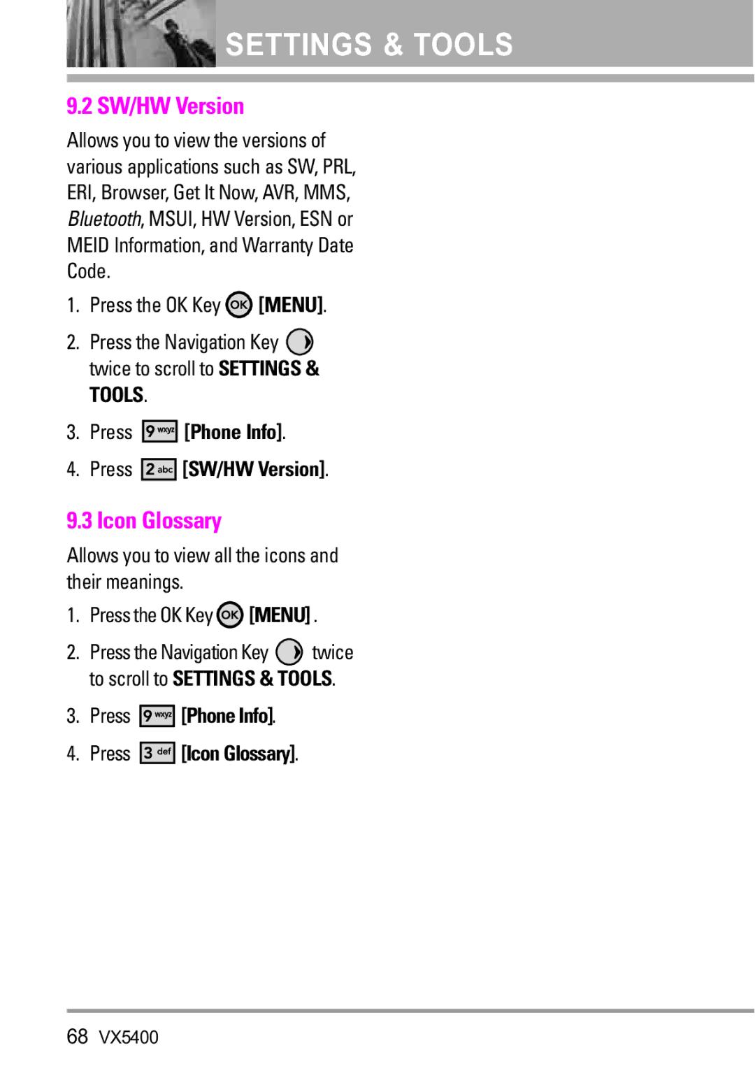 LG Electronics VX5400 manual SW/HW Version, Press Phone Info Press Icon Glossary 