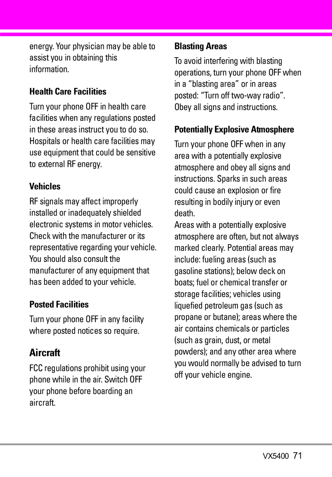 LG Electronics VX5400 manual Health Care Facilities, Vehicles, Posted Facilities, Blasting Areas 