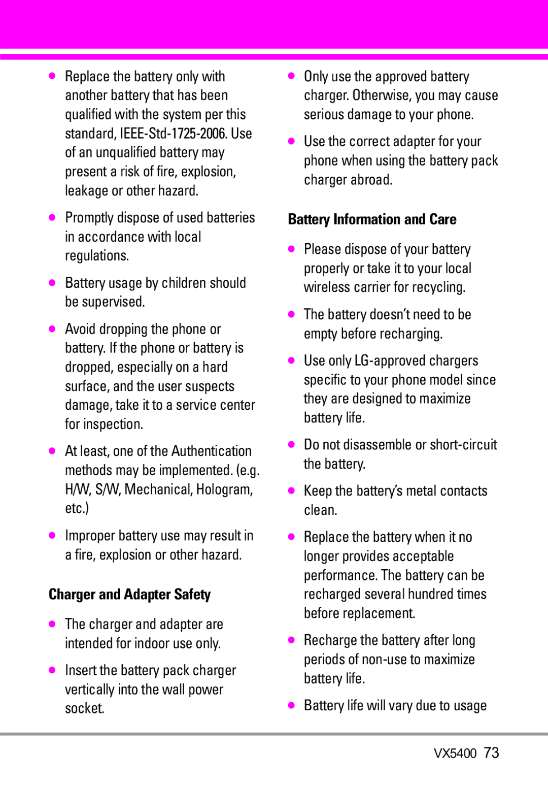 LG Electronics VX5400 manual Charger and Adapter Safety, Battery Information and Care, Battery life will vary due to usage 