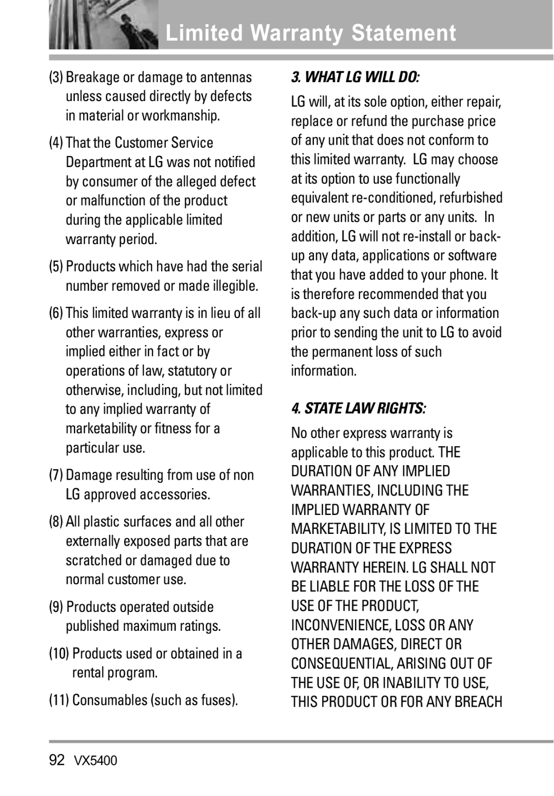 LG Electronics VX5400 manual Consumables such as fuses, What LG will do 
