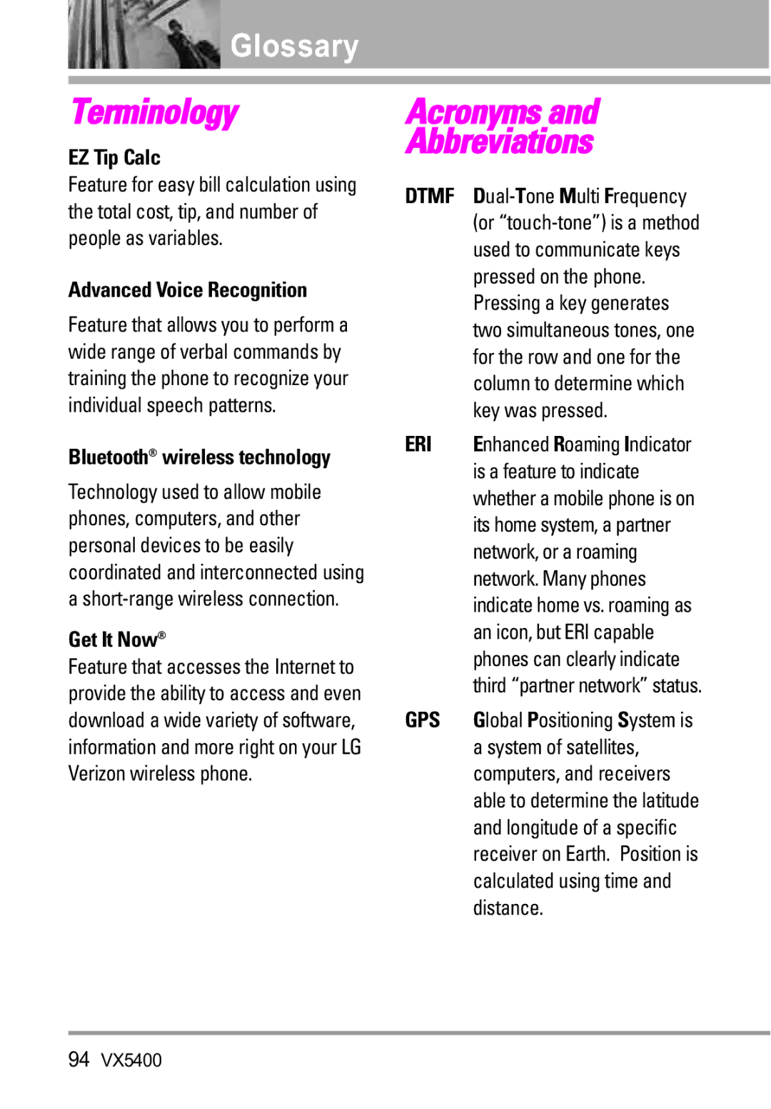 LG Electronics VX5400 manual Glossary, EZ Tip Calc, Advanced Voice Recognition, Get It Now 