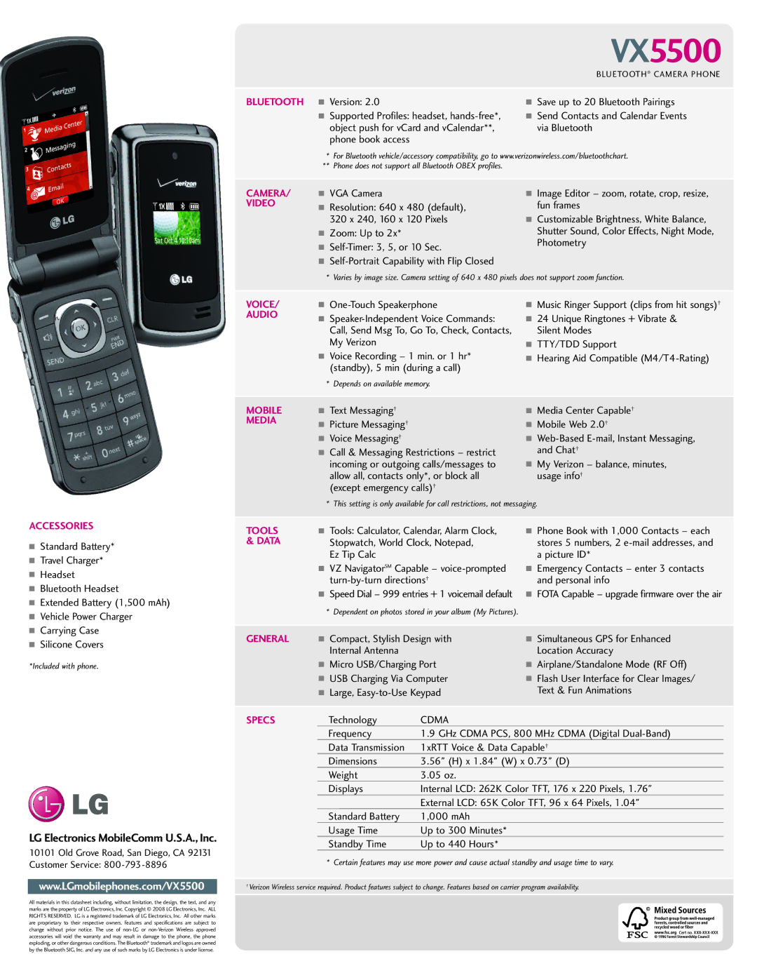 LG Electronics VX5500 manual Accessories, Camera, Video, Voice, Audio, Mobile, Media, Tools, Data, General, Specs 