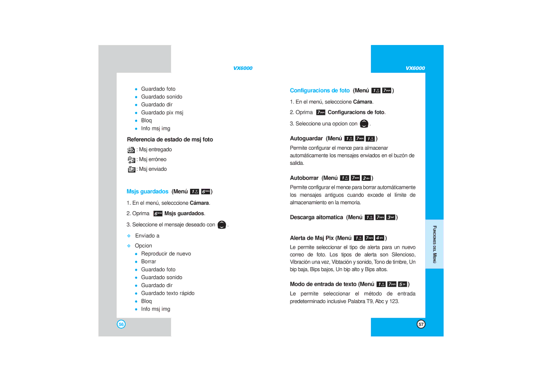 LG Electronics VX6000 manual Autoguardar Menú, Autoborrar Menú, Descarga aitomatica Menú Alerta de Msj Pix Menú 