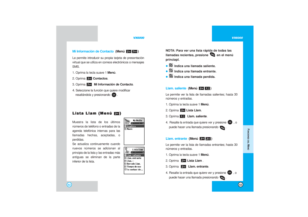 LG Electronics VX6000 manual Lista Llam Menú, Mi Información de Contacto Menú, Llam. saliente Menú, Llam. entrante Menú 
