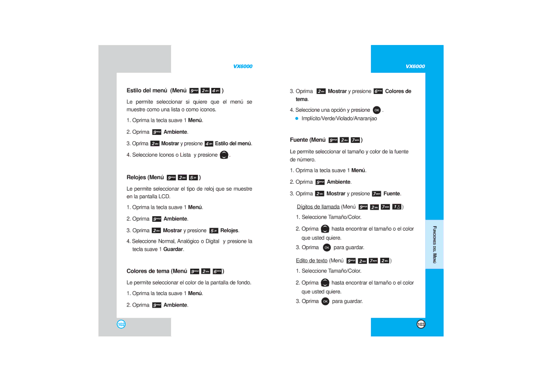 LG Electronics VX6000 manual Estilo del menú Menú, Relojes Menú, Colores de tema Menú, Fuente Menú 