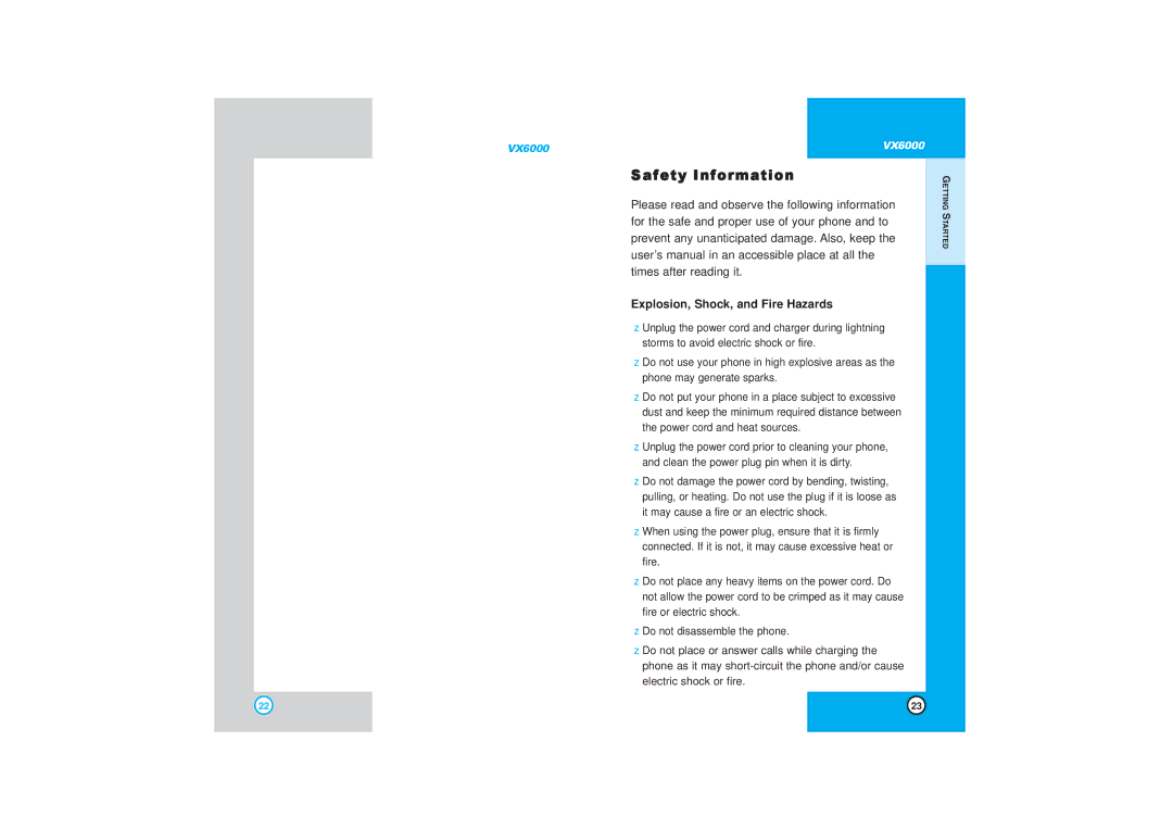 LG Electronics VX6000 manual Safety Information, Explosion, Shock, and Fire Hazards 