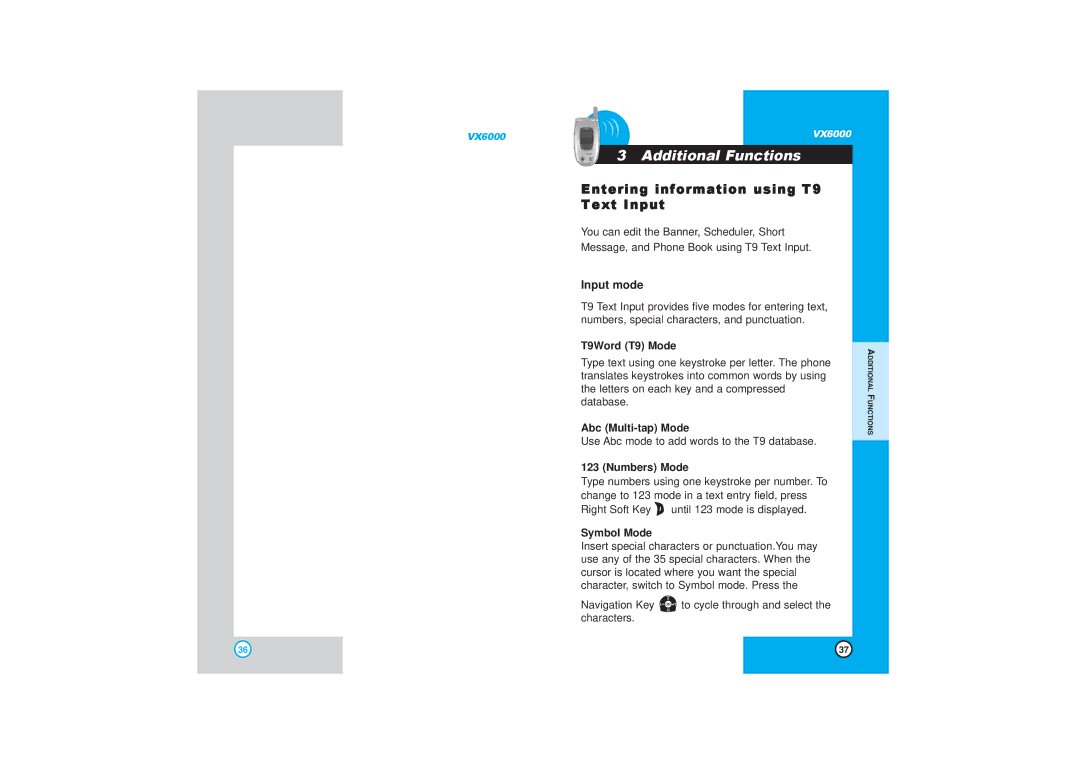 LG Electronics VX6000 manual Additional Functions, Entering information using T9 Text Input, Input mode 