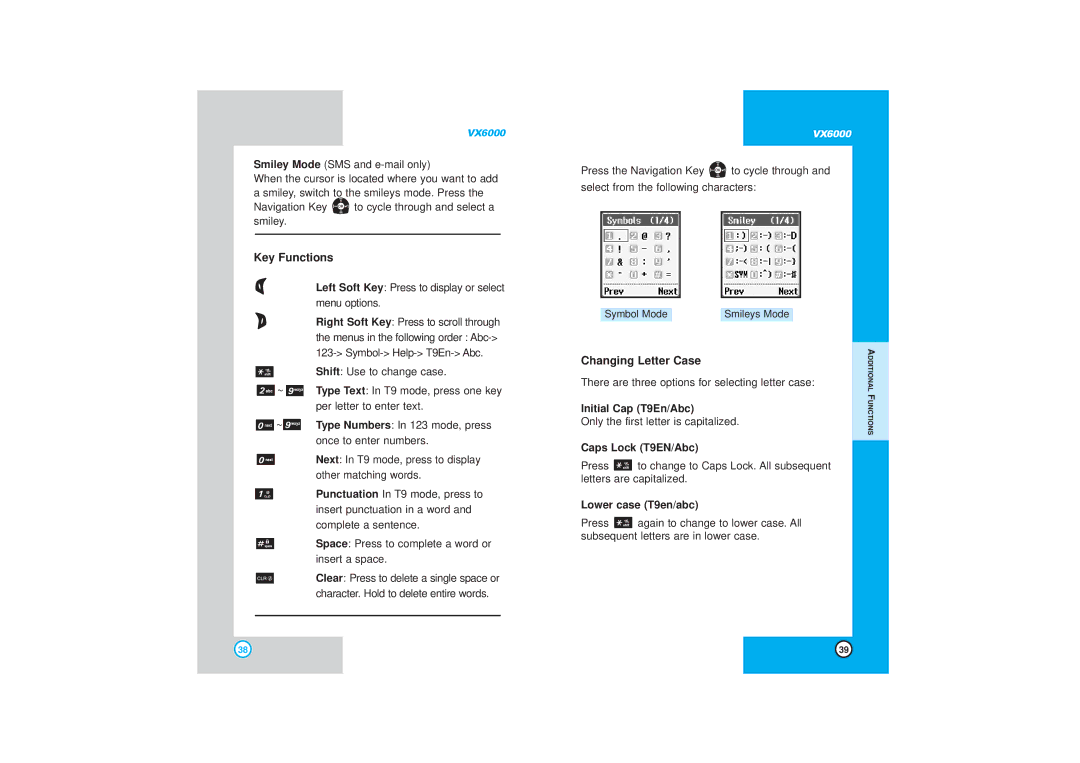 LG Electronics VX6000 Key Functions, Changing Letter Case, Initial Cap T9En/Abc, Caps Lock T9EN/Abc, Lower case T9en/abc 