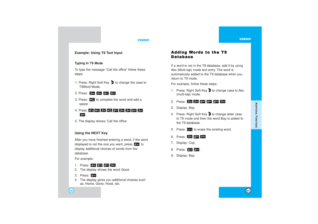 LG Electronics VX6000 Adding Words to the T9 Database, Example Using T9 Text Input, Using the Next Key, Typing In T9 Mode 