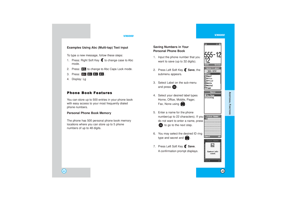 LG Electronics VX6000 manual Phone Book Features, Examples Using Abc Multi-tap Text input, Personal Phone Book Memory 