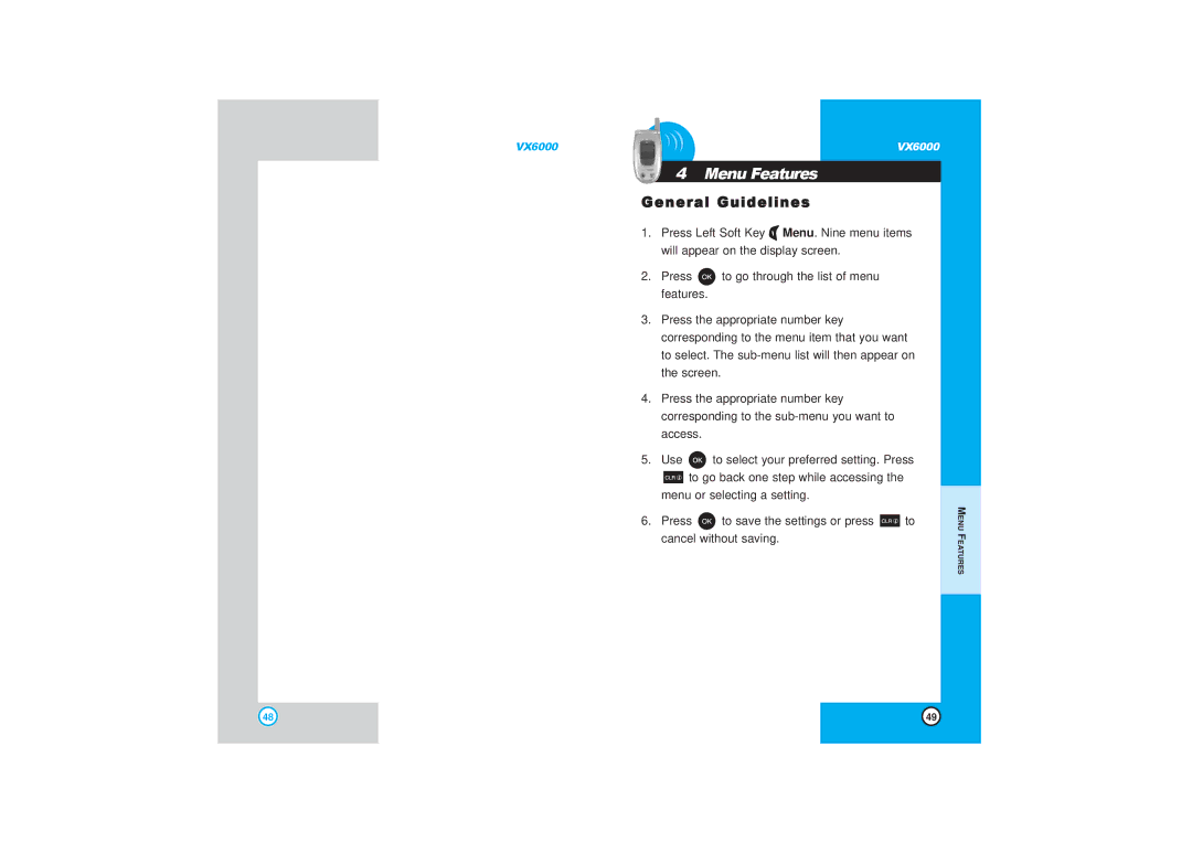 LG Electronics VX6000 manual Menu Features, General Guidelines 