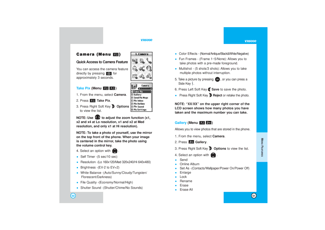 LG Electronics VX6000 manual Camera Menu Quick Access to Camera Feature, Take Pix Menu, Gallery Menu, Press Take Pix 