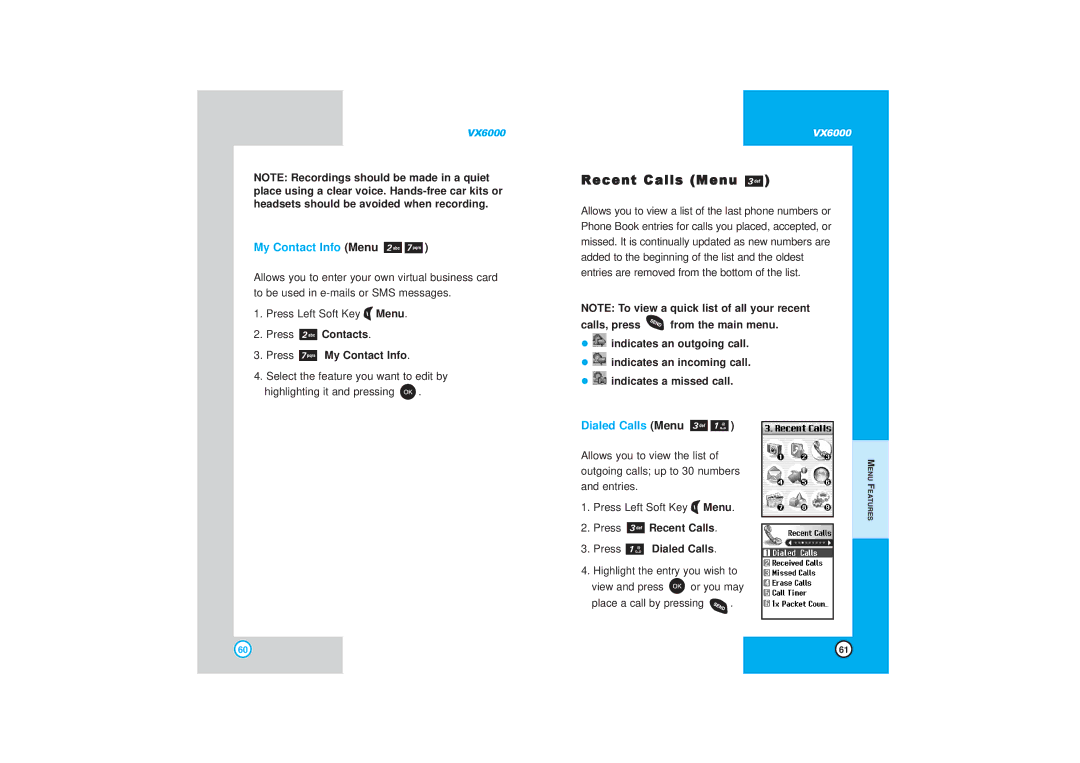 LG Electronics VX6000 Recent Calls Menu, My Contact Info Menu, Dialed Calls Menu, Press Contacts Press My Contact Info 