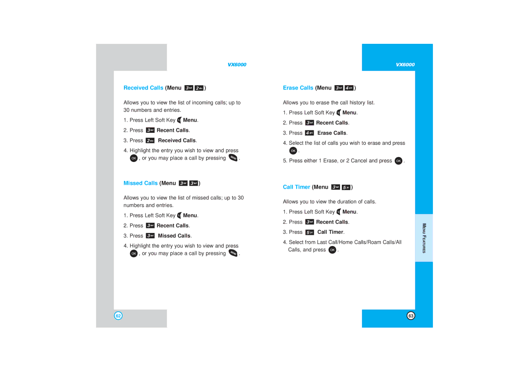LG Electronics VX6000 manual Received Calls Menu, Missed Calls Menu, Erase Calls Menu, Call Timer Menu 