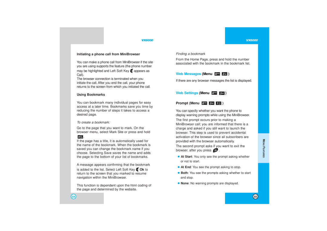 LG Electronics VX6000 manual Web Messages Menu, Web Settings Menu, Prompt Menu, Initiating a phone call from MiniBrowser 
