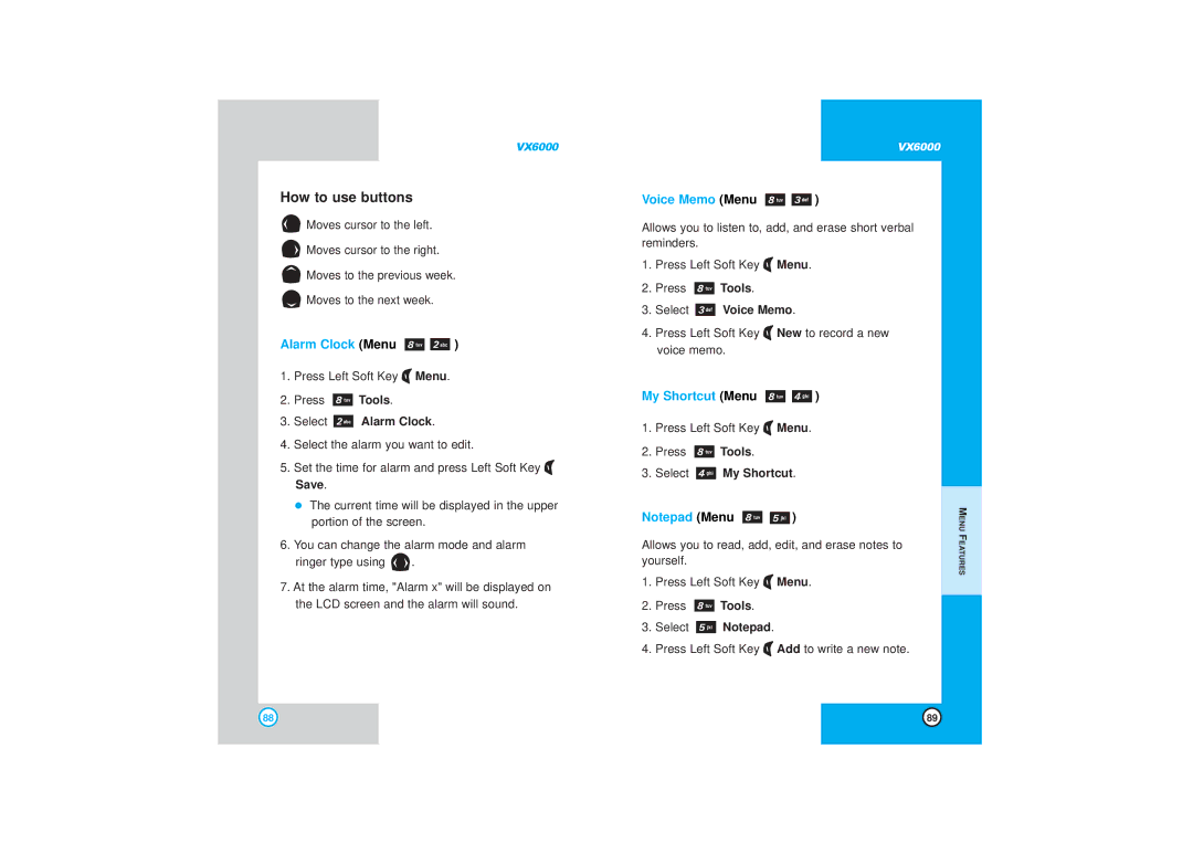 LG Electronics VX6000 manual Alarm Clock Menu, Voice Memo Menu, My Shortcut Menu 