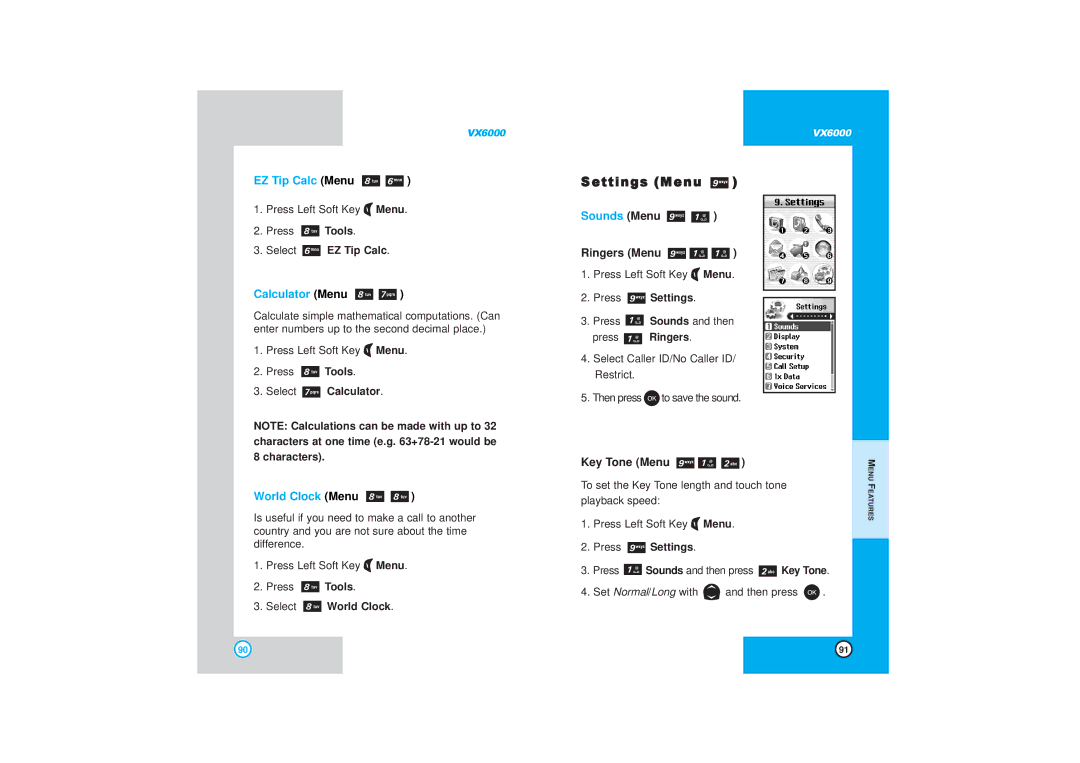 LG Electronics VX6000 manual Settings Menu, Sounds Menu Ringers Menu, Key Tone Menu 