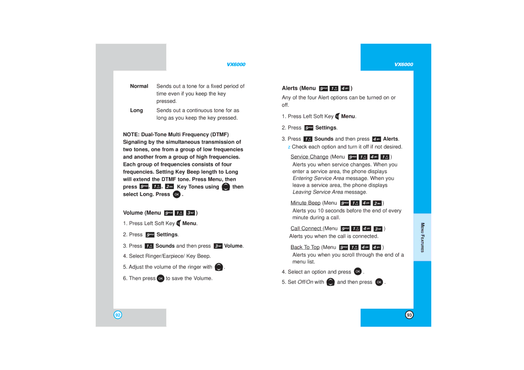 LG Electronics VX6000 manual Volume Menu, Alerts Menu, Press , , Key Tones using then Select Long. Press 