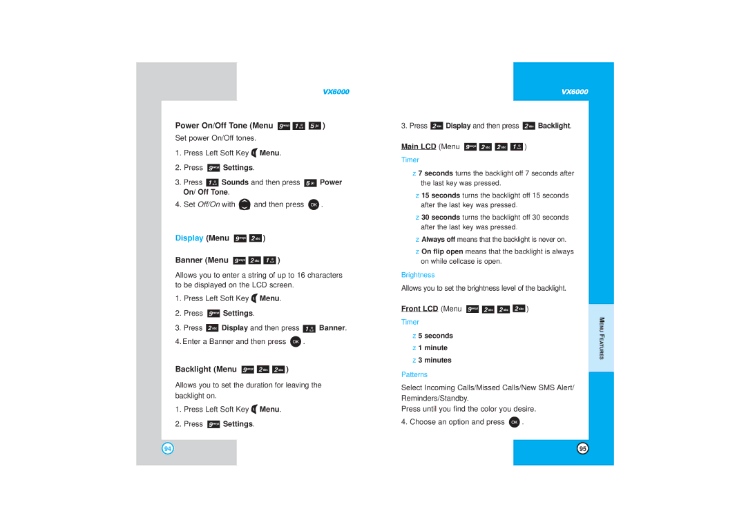 LG Electronics VX6000 manual Power On/Off Tone Menu, Display Menu, Banner Menu, Backlight Menu 