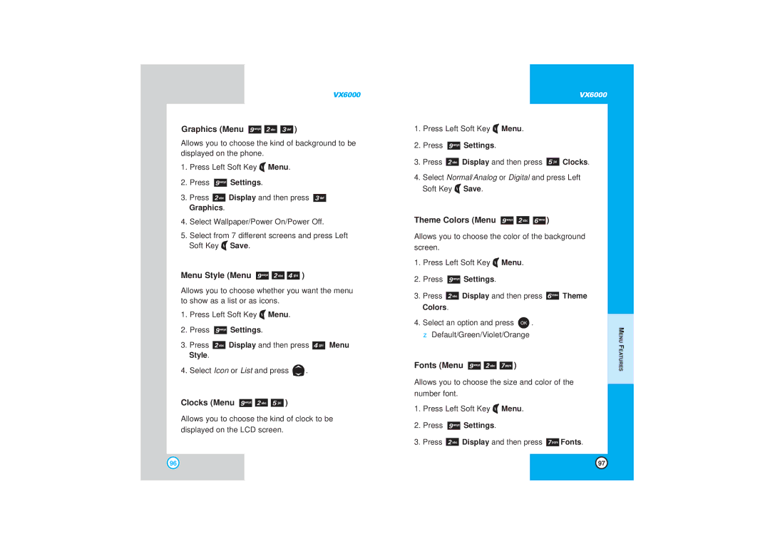 LG Electronics VX6000 manual Graphics Menu, Menu Style Menu, Clocks Menu, Theme Colors Menu, Fonts Menu 
