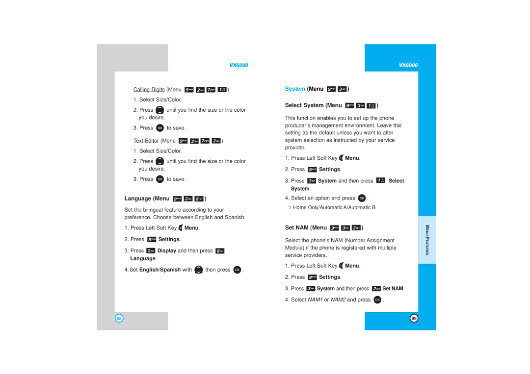 LG Electronics VX6000 manual Language Menu, Select System Menu, Set NAM Menu 