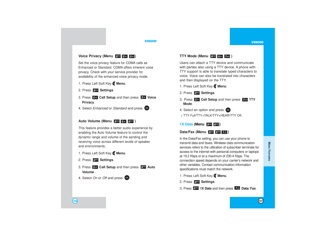 LG Electronics VX6000 manual Voice Privacy Menu, Auto Volume Menu, TTY Mode Menu, 1X Data Menu, Data/Fax Menu 