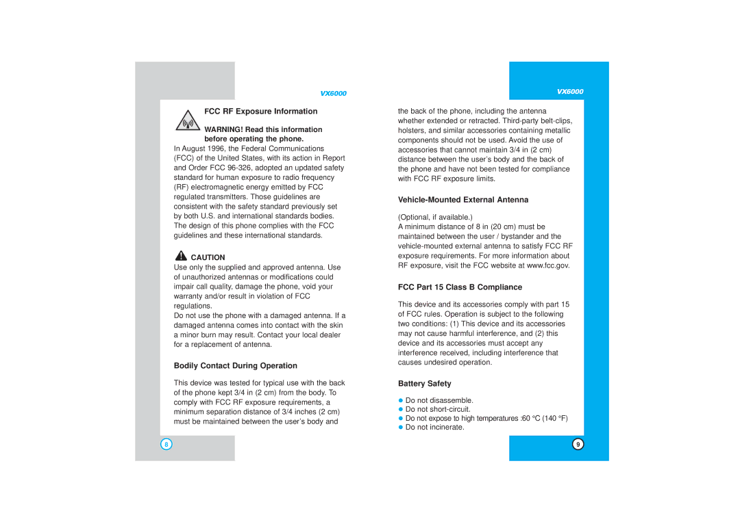 LG Electronics VX6000 manual FCC RF Exposure Information, Bodily Contact During Operation, Vehicle-Mounted External Antenna 