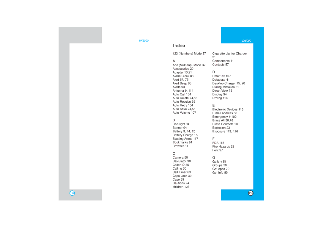 LG Electronics VX6000 manual Index 