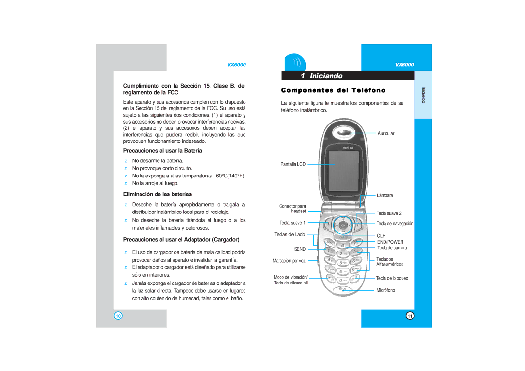 LG Electronics VX6000 Iniciando, Componentes del Teléfono, Precauciones al usar la Batería, Eliminación de las baterías 