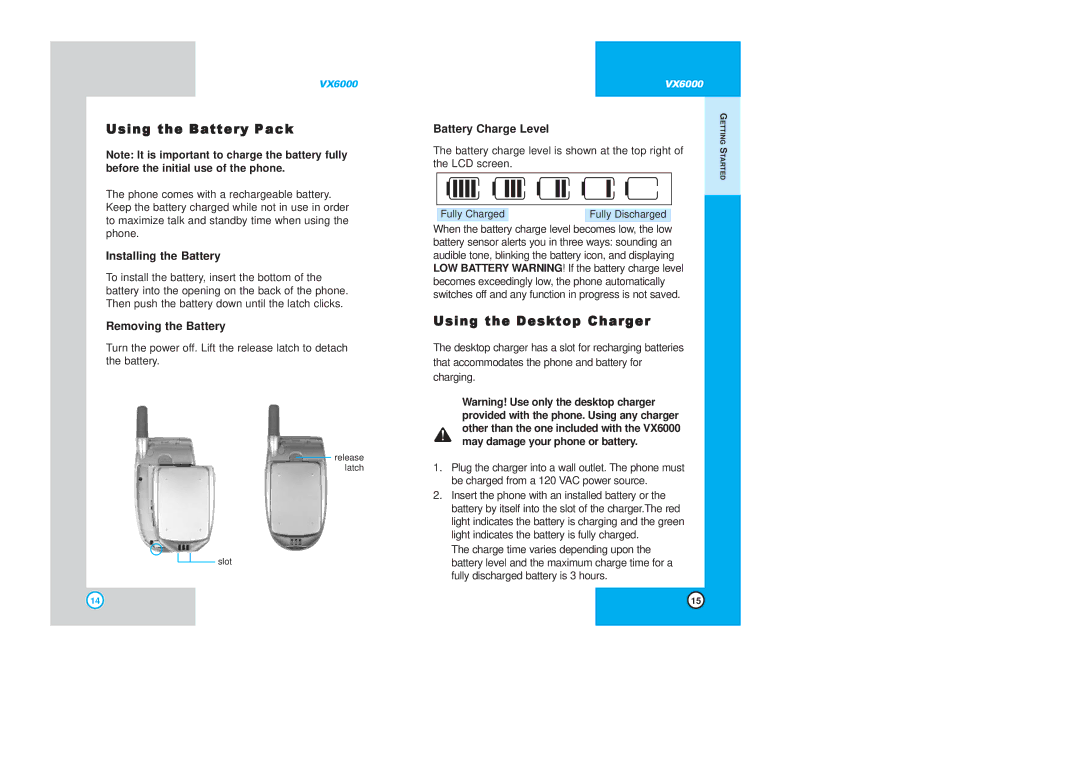 LG Electronics VX6000 Using the Battery Pack, Using the Desktop Charger, Installing the Battery, Removing the Battery 