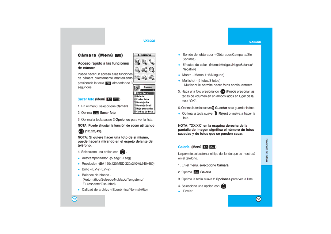 LG Electronics VX6000 manual Cámara Menú Acceso rápido a las funciones de cámara, Sacar foto Menú, Galería Menú 