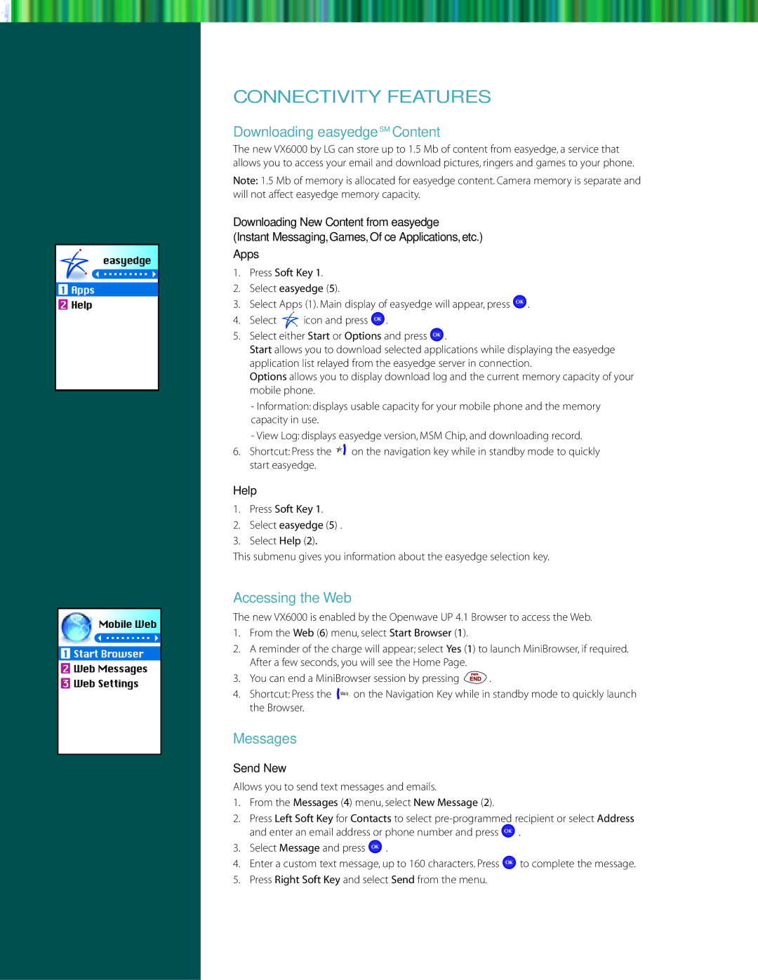 LG Electronics VX60001 manual Connectivity Features, Downloading easyedgeSM Content, Accessing the Web, Messages 