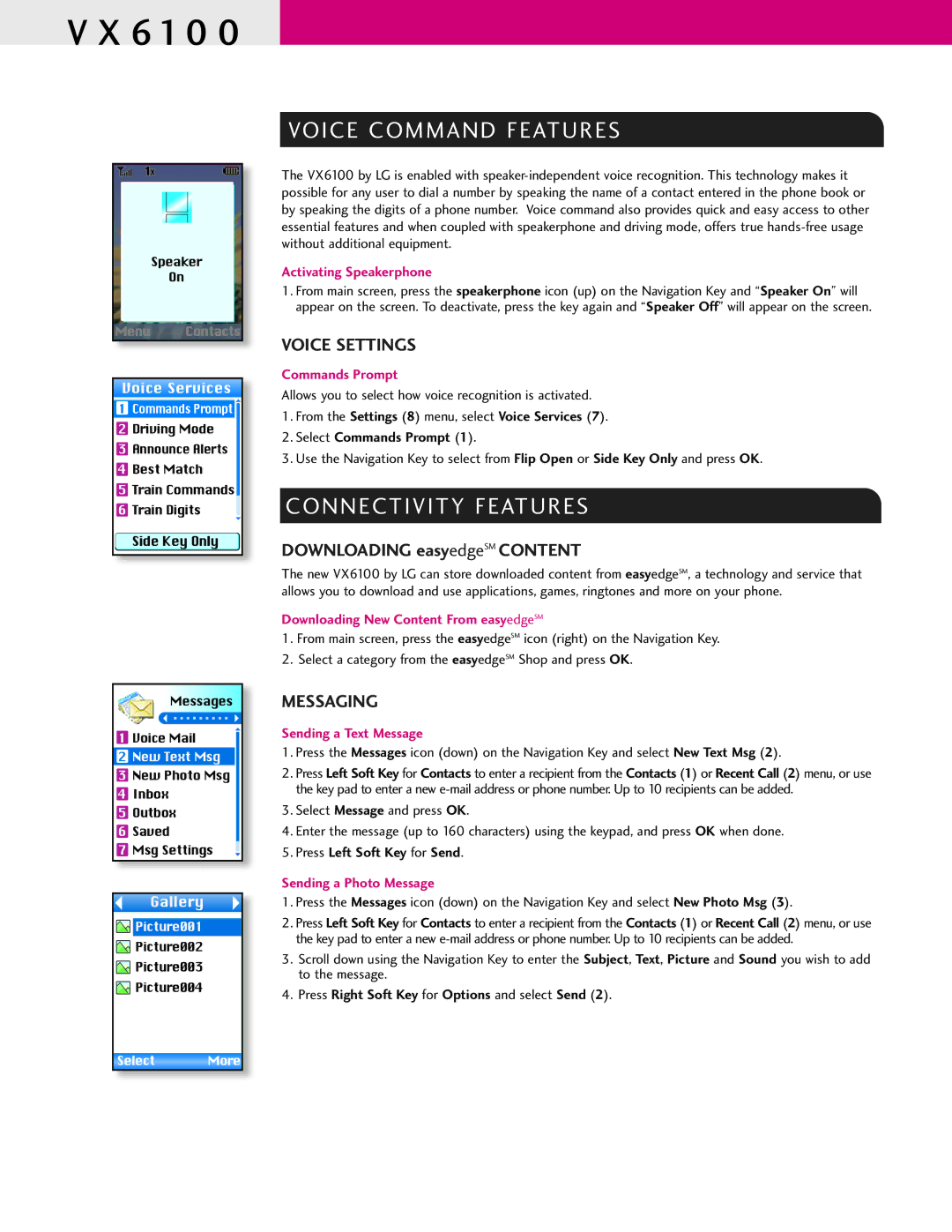 LG Electronics VX6100 manual Voice Command Features, Connectivity Features, Voice Settings, Messaging 