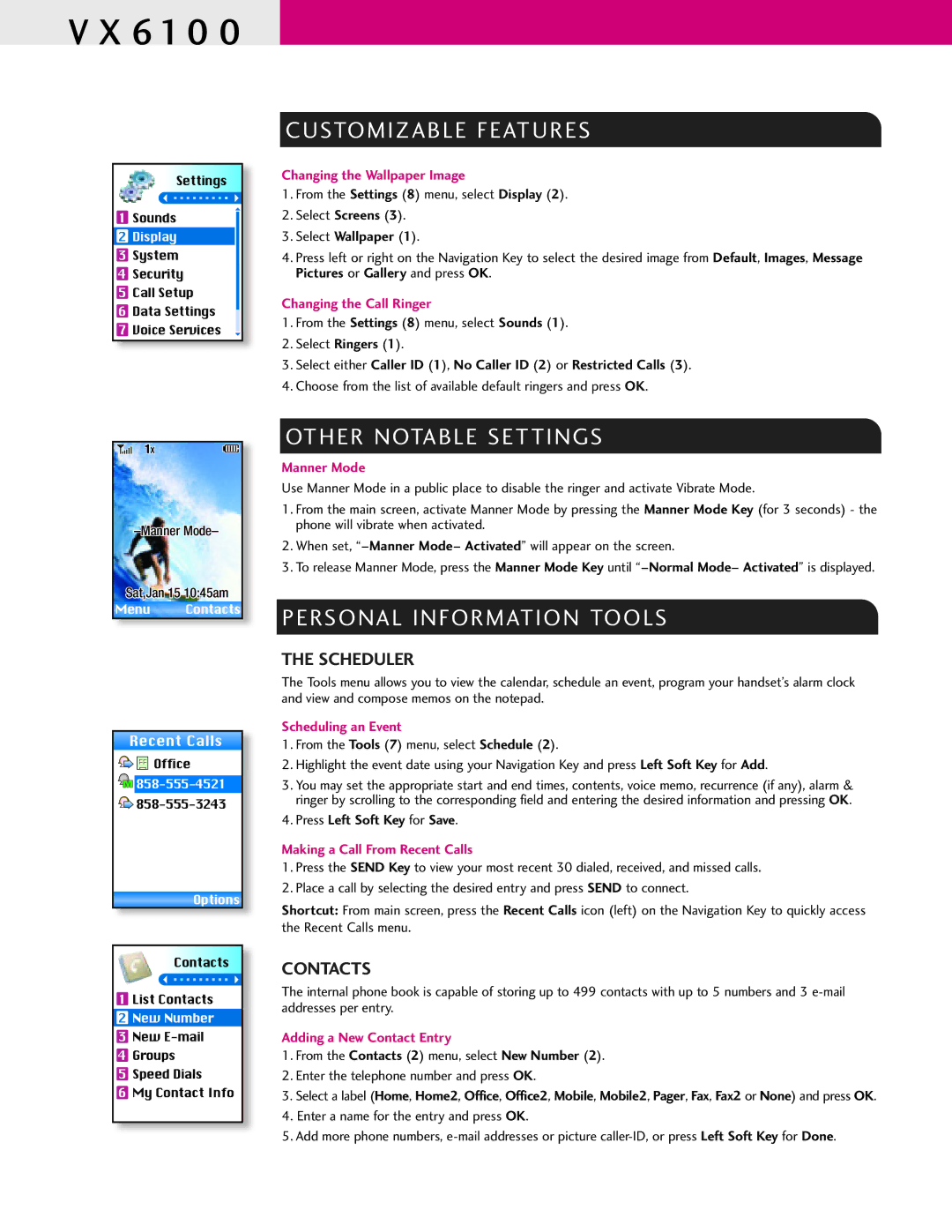 LG Electronics VX6100 manual Customizable Features, Other Notable Settings, Personal Information Tools, Scheduler, Contacts 