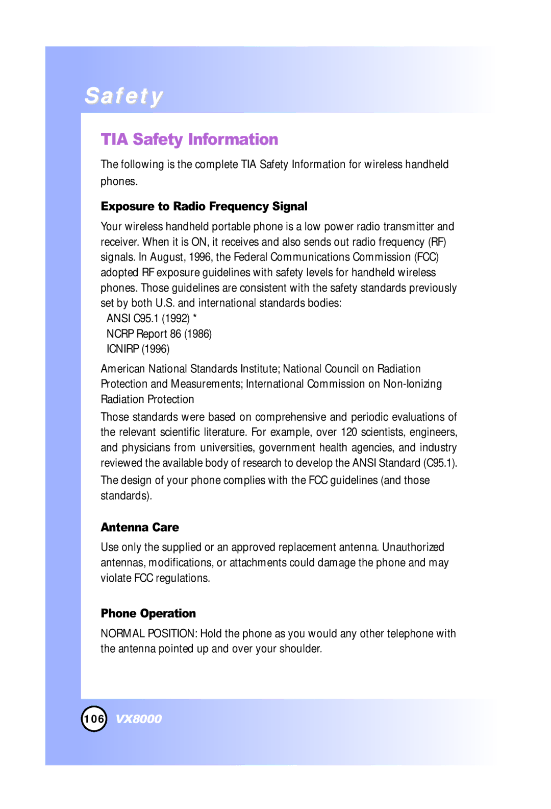 LG Electronics VX8000 manual TIA Safety Information, Exposure to Radio Frequency Signal, Antenna Care, Phone Operation 