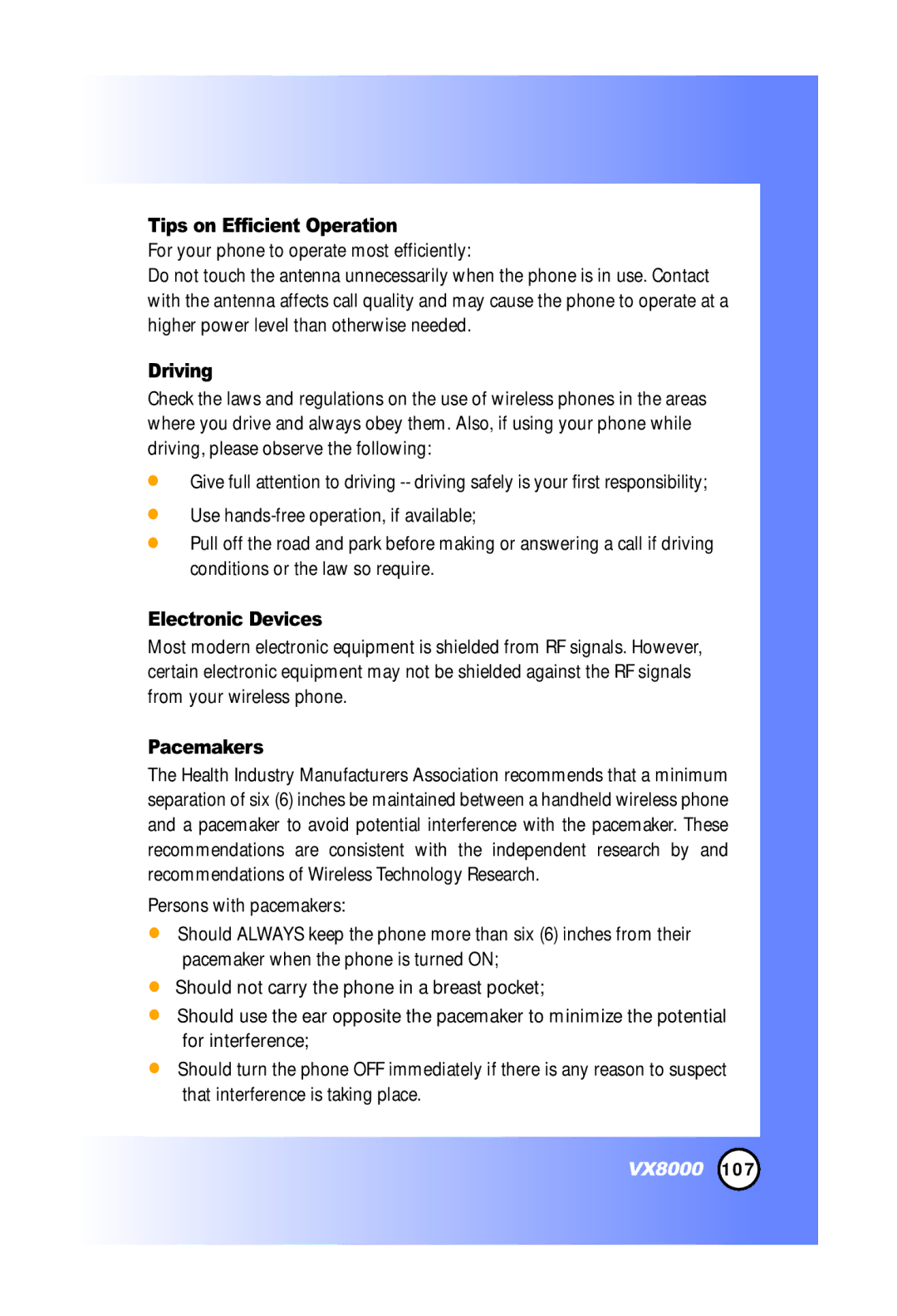 LG Electronics VX8000 manual Tips on Efficient Operation, Driving, Electronic Devices, Pacemakers 