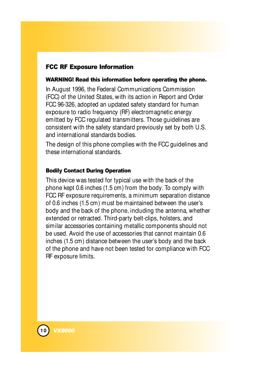 LG Electronics VX8000 manual FCC RF Exposure Information, Bodily Contact During Operation 