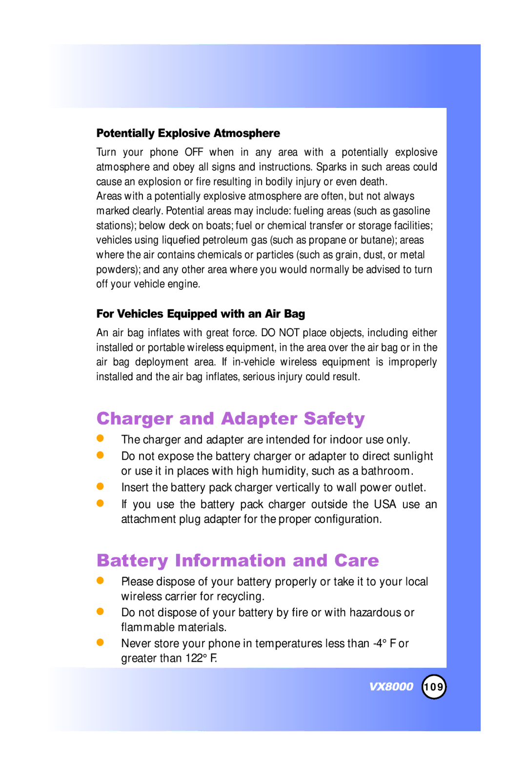 LG Electronics VX8000 manual Potentially Explosive Atmosphere, For Vehicles Equipped with an Air Bag 