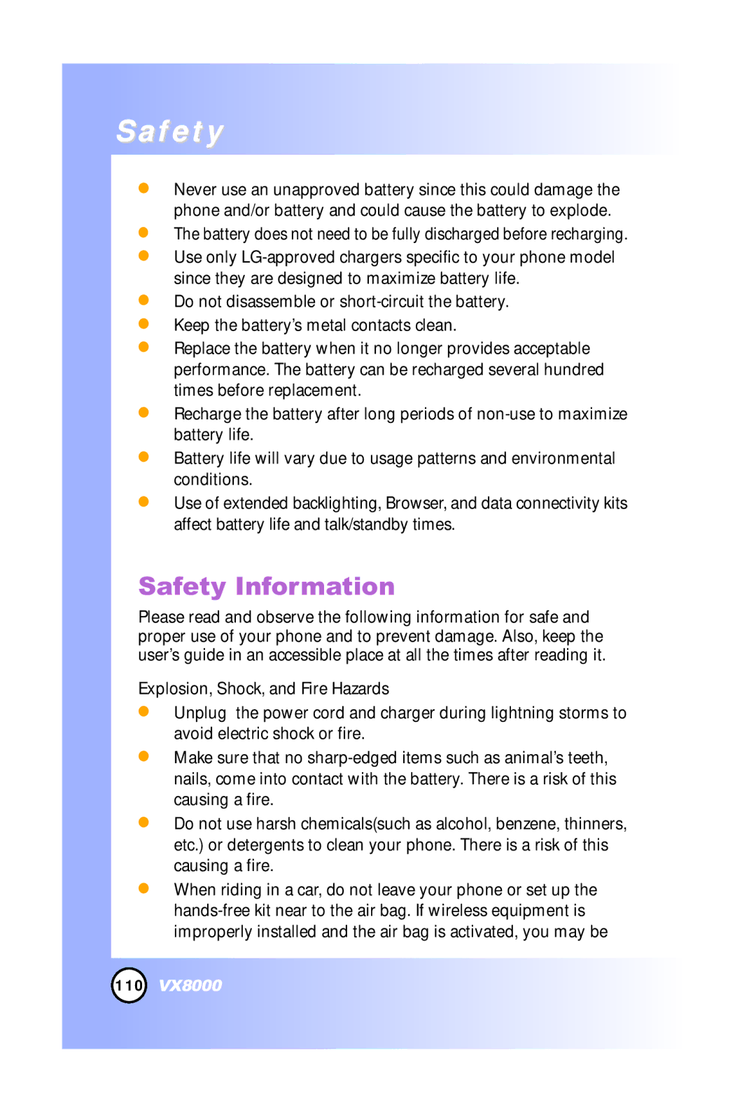 LG Electronics VX8000 manual Safety Information 