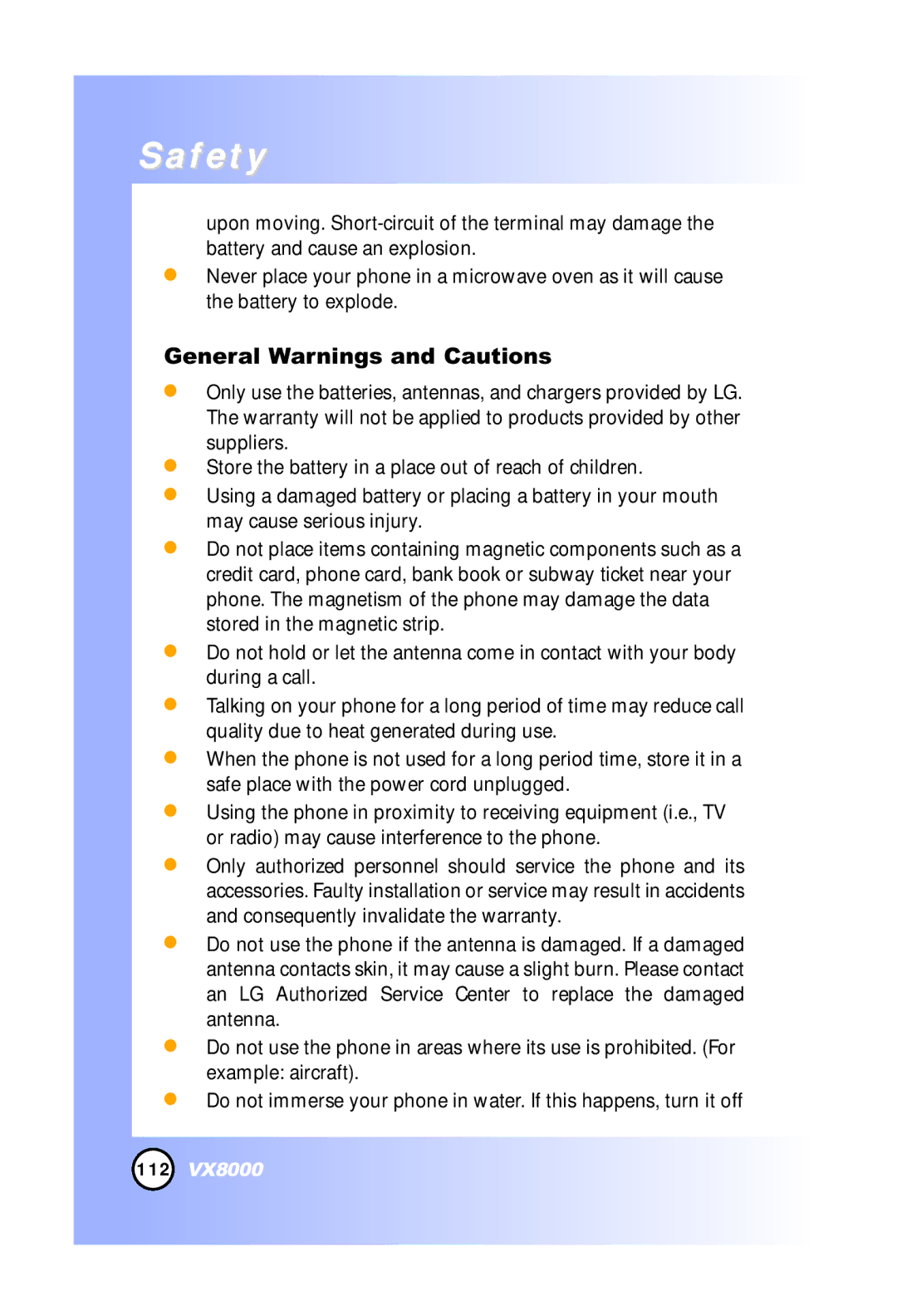 LG Electronics VX8000 manual General Warnings and Cautions 