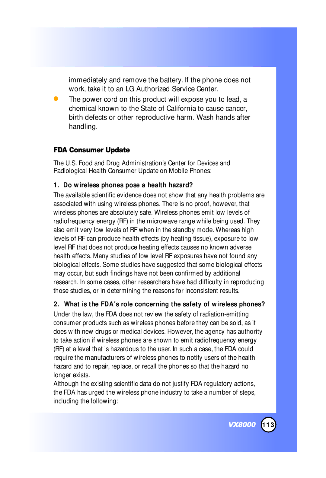 LG Electronics VX8000 manual FDA Consumer Update, Do wireless phones pose a health hazard? 