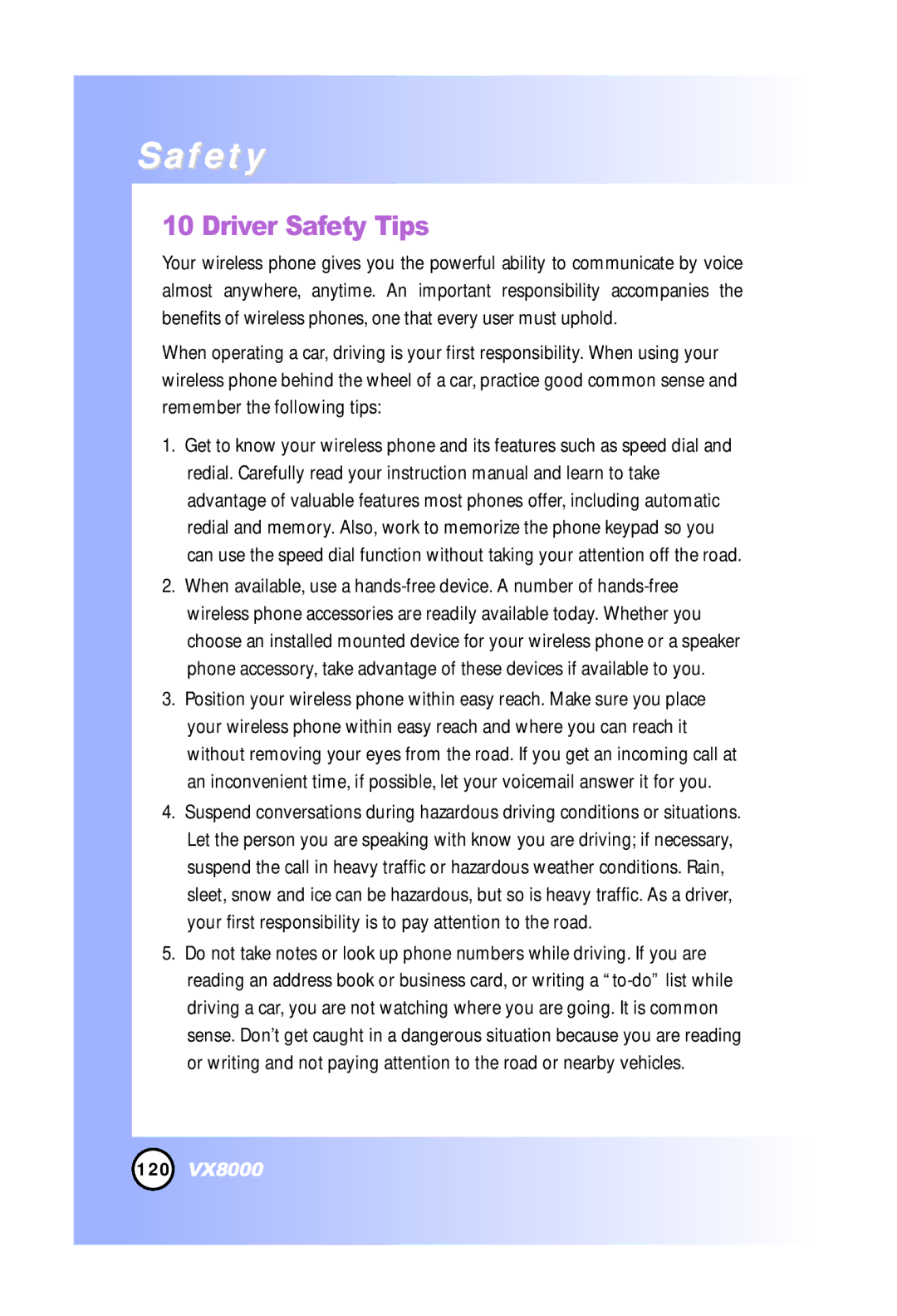 LG Electronics VX8000 manual Driver Safety Tips 
