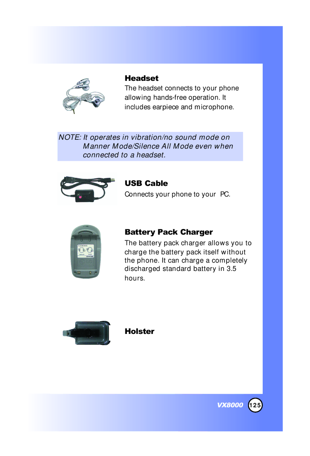 LG Electronics VX8000 manual Headset, USB Cable, Battery Pack Charger, Holster 