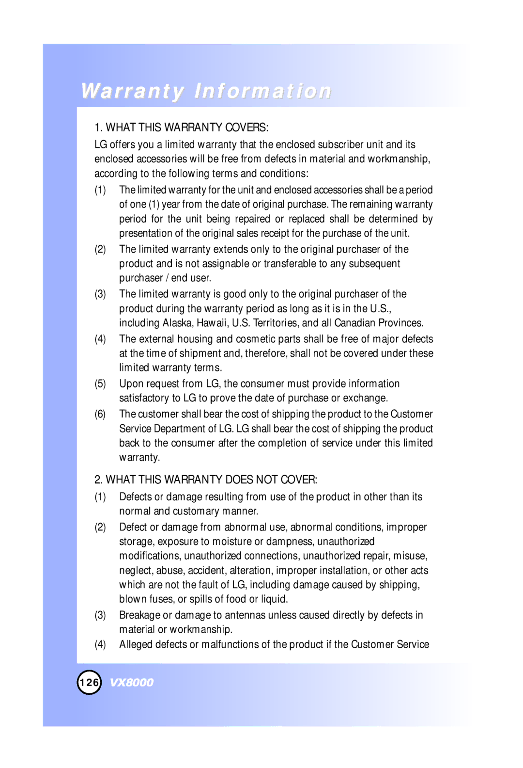 LG Electronics VX8000 manual Warranty Information, What this Warranty Covers 