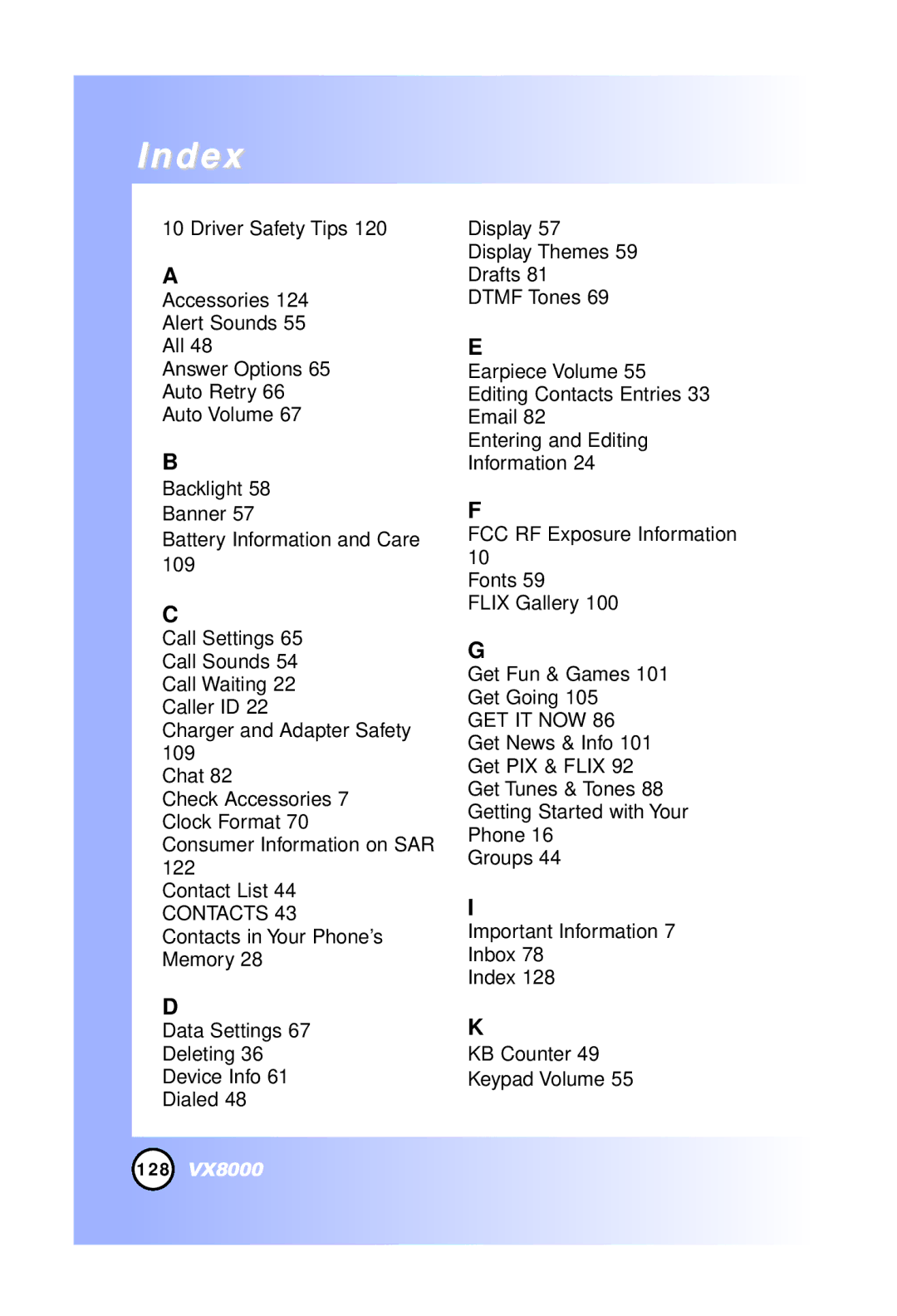 LG Electronics VX8000 manual Index, Contacts 