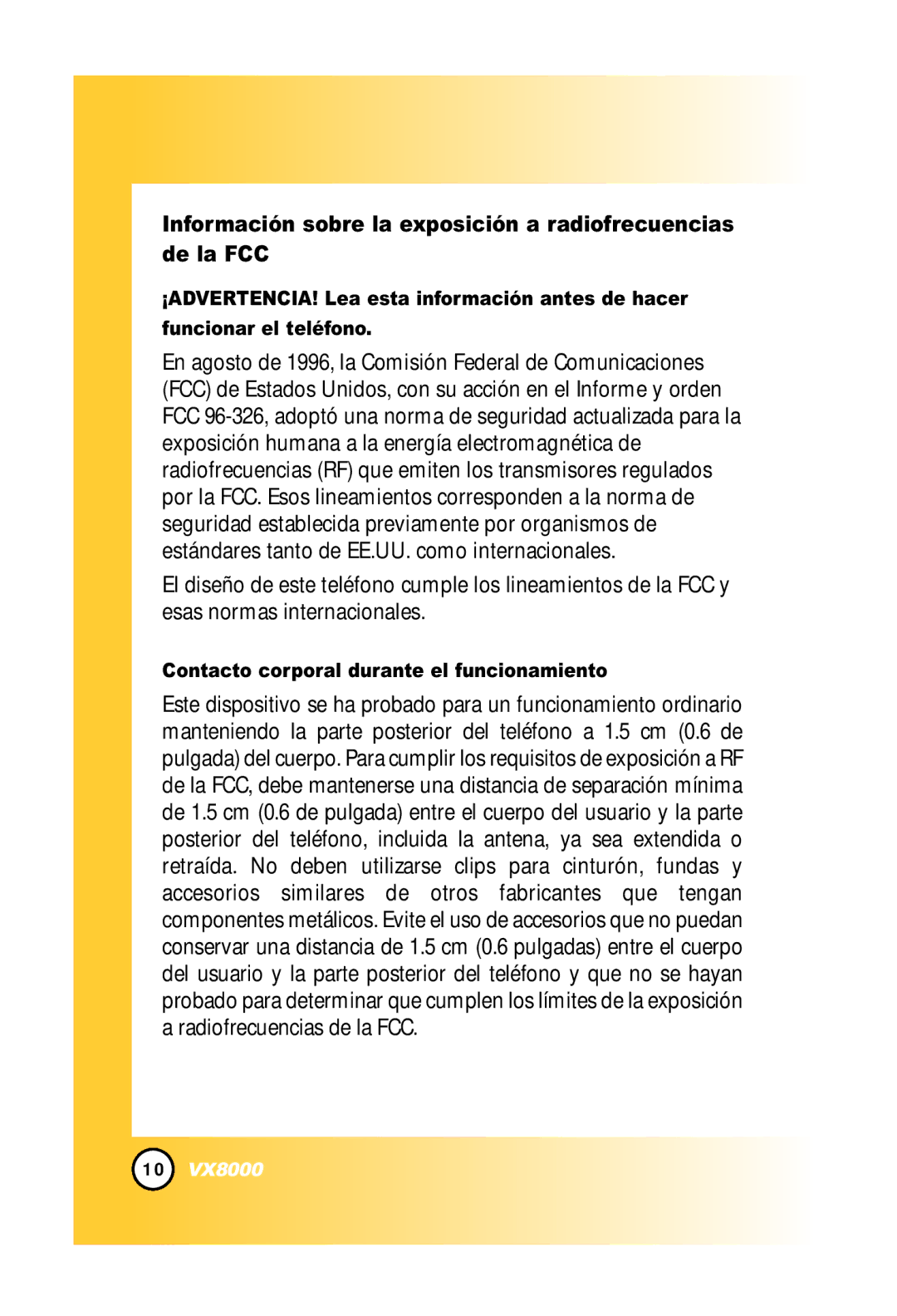 LG Electronics VX8000 manual Información sobre la exposición a radiofrecuencias de la FCC 