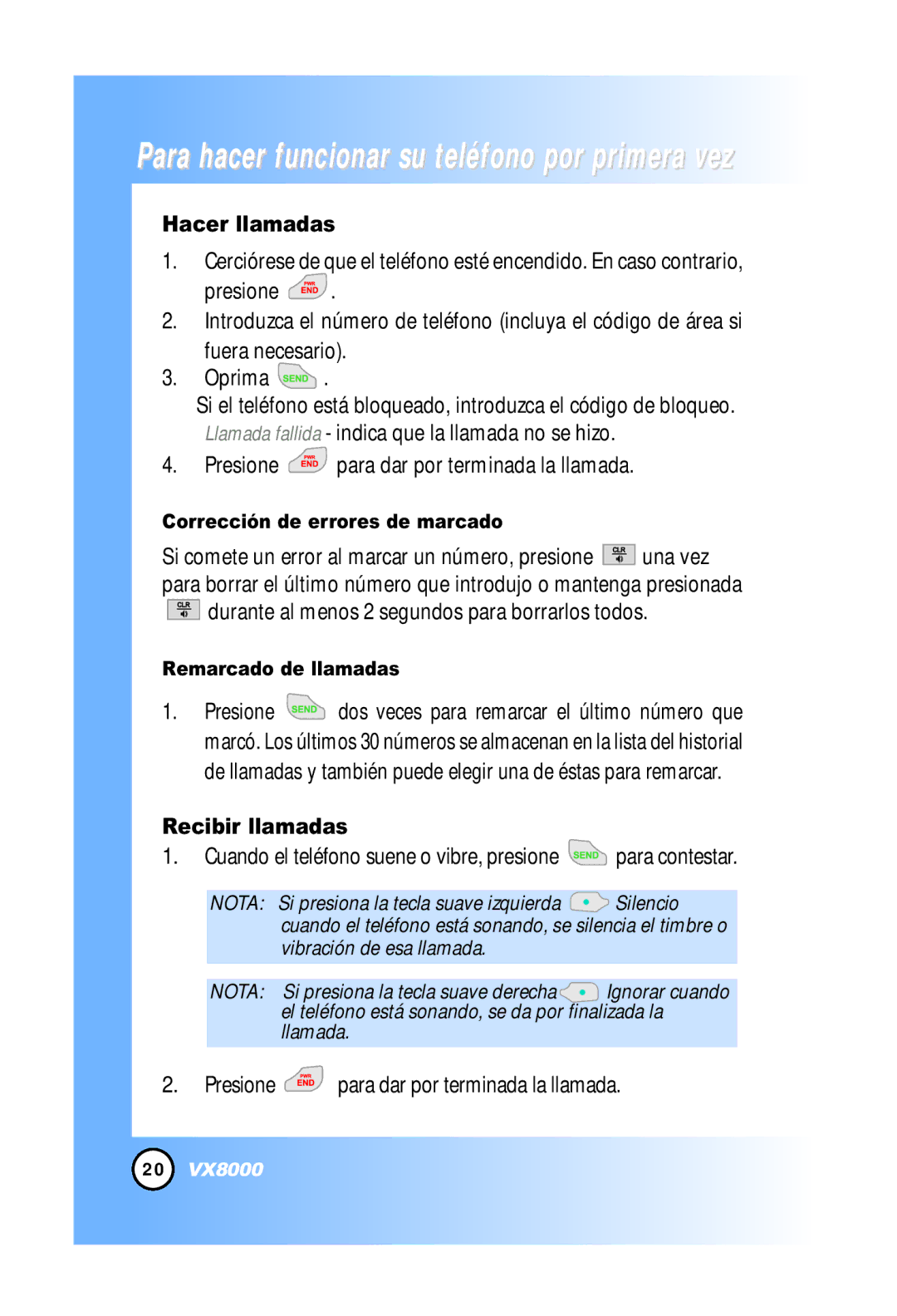 LG Electronics VX8000 Hacer llamadas, Presione para dar por terminada la llamada, Recibir llamadas, Remarcado de llamadas 