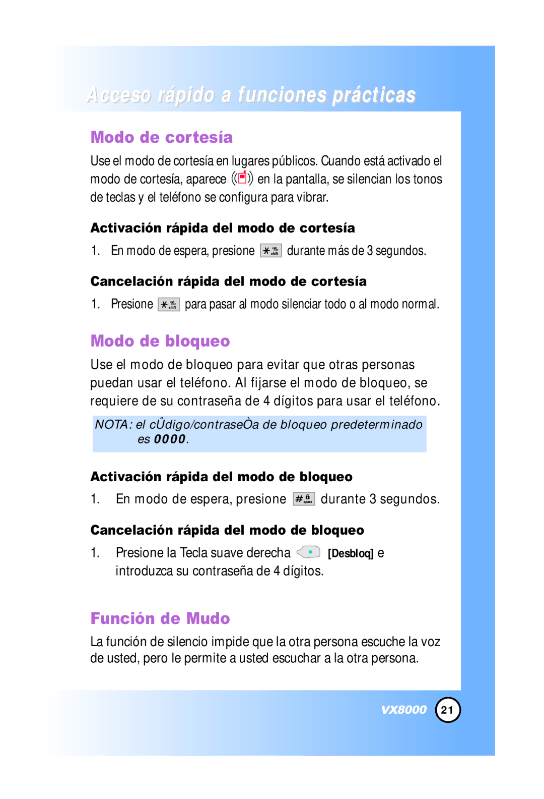 LG Electronics VX8000 manual Acceso rápido a funciones prácticas, Modo de cortesía, Modo de bloqueo, Función de Mudo 