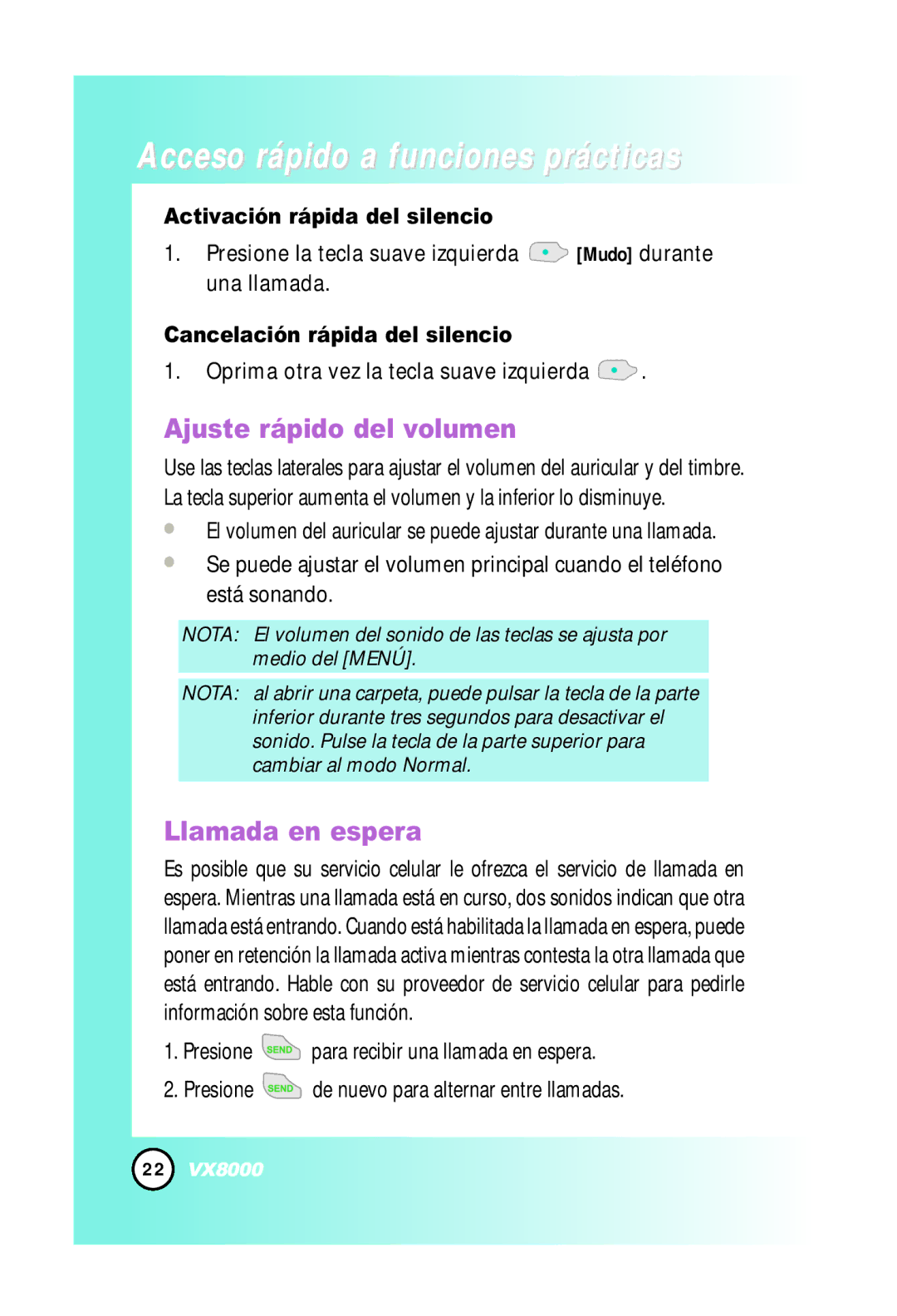 LG Electronics VX8000 manual Ajuste rápido del volumen, Llamada en espera, Activación rápida del silencio 