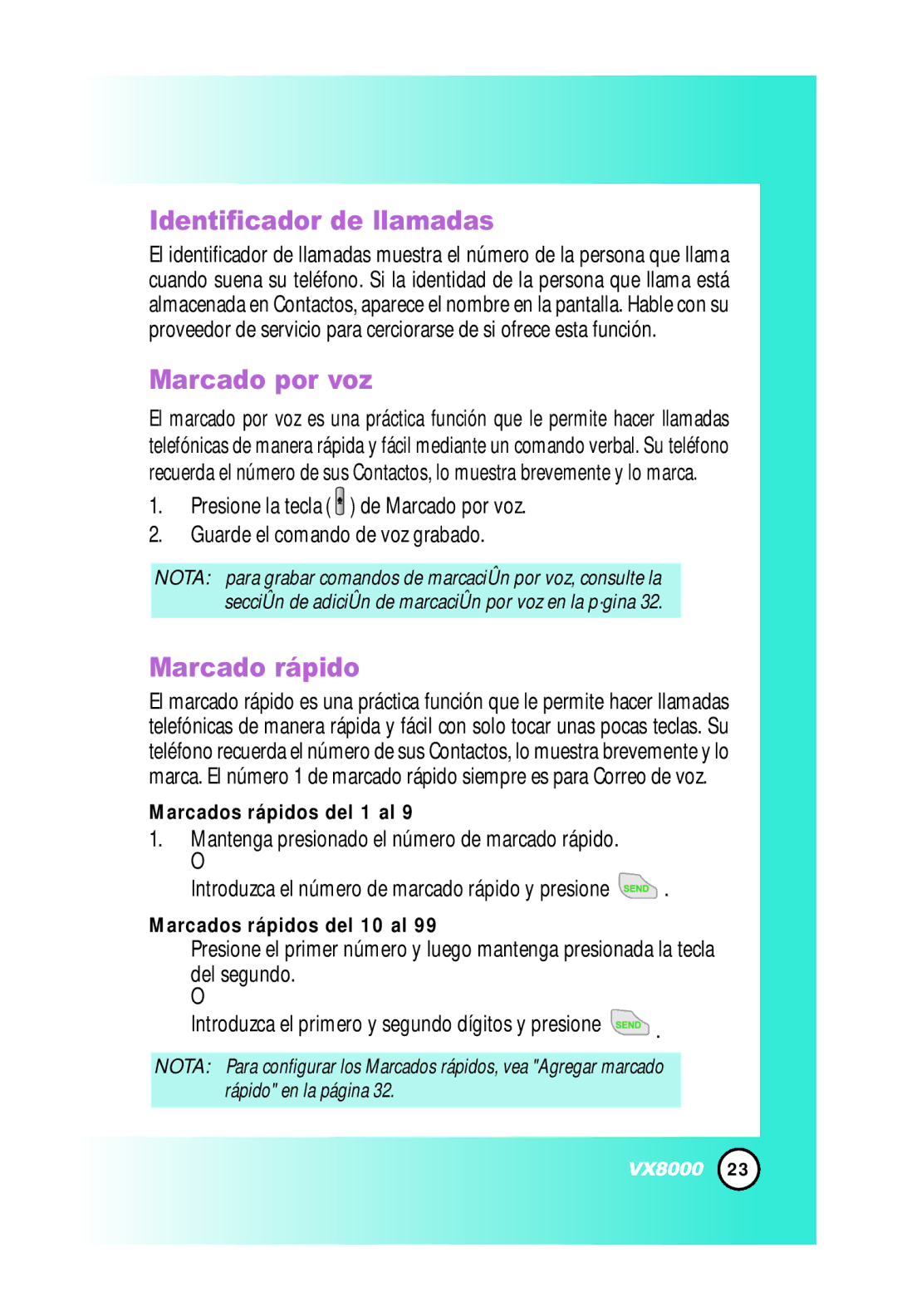 LG Electronics VX8000 manual Identificador de llamadas, Marcado por voz, Marcado rápido, Marcados rápidos del 1 al 